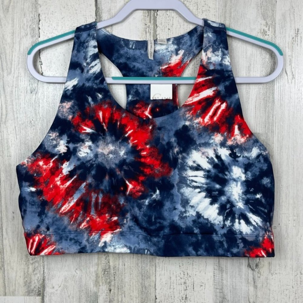 Live Well Active sports bra tank NWT tie dye racerback stretch red white blue 1X